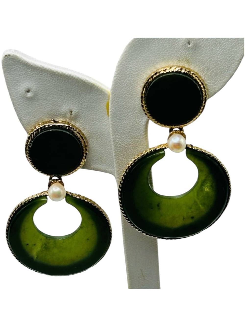 Huge Vintage Swoboda Jade and Cultured Pearl Dangle Earrings